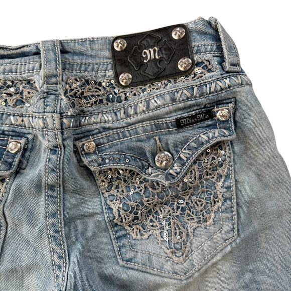 Miss Me Women’s Silver Sequin Lace Flap Pocket Bootcut Jeans Light Blue Size 28 - Picture 1 of 12